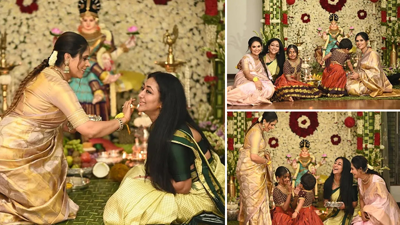 Vijayalakshmi arrives at a close friend's house for Varamahalakshmi festival
